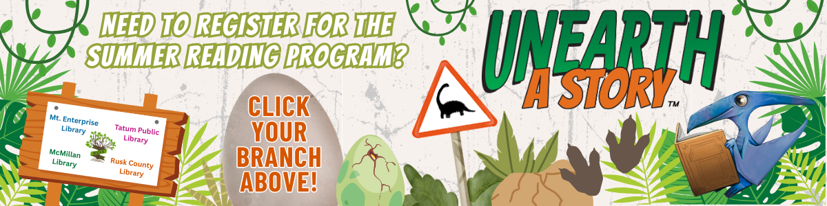 Colorful banner with Unearth a Story logo advertising to "Click your branch above to register for summer reading"